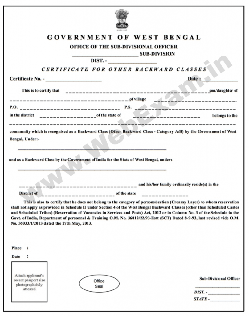 West Bengal SC ST OBC Caste Certificate Online Application And Download