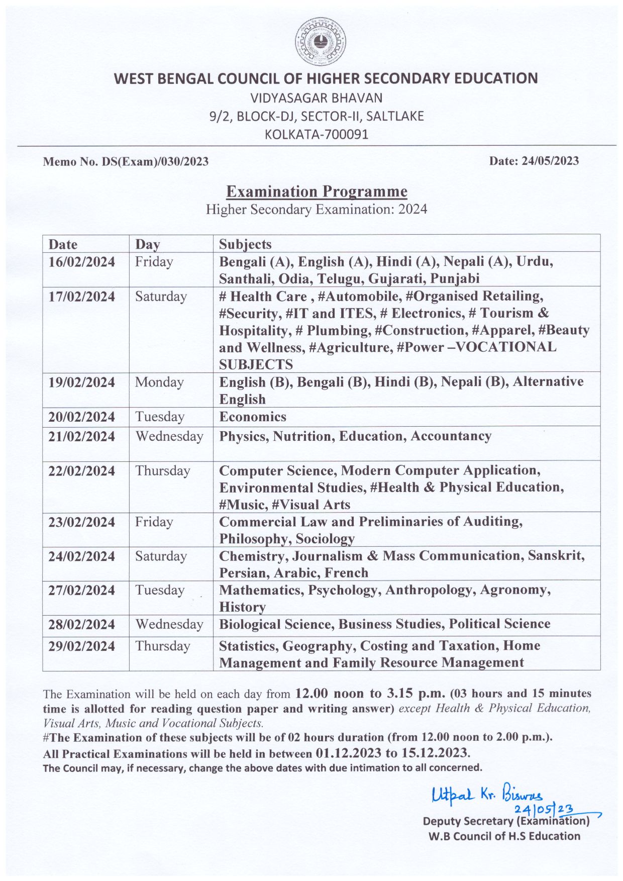 WBCHSE HS Routine 2024 West Bengal Higher Secondary Exam Routine