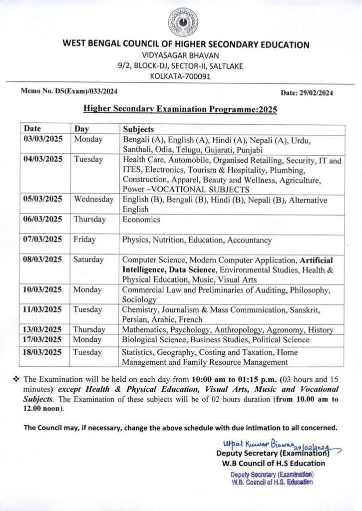 WBCHSE Higher Secondary Routine 2025 download pdf